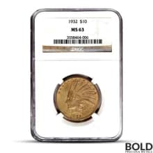 $10 Indian Gold Eagle Coin (MS63, NGC or PCGS)