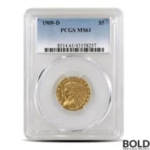 $5 Indian Gold Half Eagle Coin (MS61, Random)