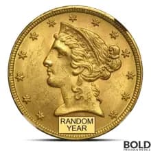 $5 Liberty Gold Half Eagle Coin (MS63, NGC or PCGS, Random)
