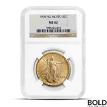 1908 $20 St Gaudens "No Motto" Gold Coin (MS62, NGC or PCGS)