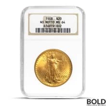 1908 $20 St Gaudens "No Motto" Gold Coin (MS64, NGC or PCGS)
