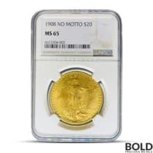 1908 $20 St Gaudens "No Motto" Gold Coin (MS65, NGC or PCGS)