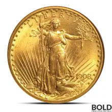 1908 $20 St Gaudens "No Motto" Gold Coin (MS64, NGC or PCGS)