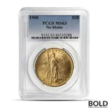 1908 $20 St Gaudens "No Motto" Gold Coin (MS63, NGC or PCGS)