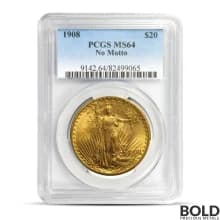 1908 $20 St Gaudens "No Motto" Gold Coin (MS64, NGC or PCGS)
