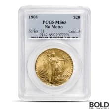 1908 $20 St Gaudens "No Motto" Gold Coin (MS65, NGC or PCGS)
