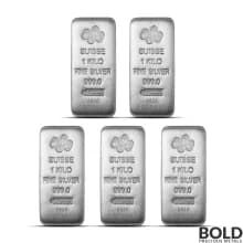 1 Kilo PAMP Suisse Silver Bar (Lot of 5) 999 Fine