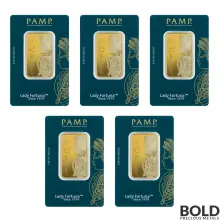 1 oz PAMP Lady Fortuna 45th Anniversary Gold Bar In Assay - Lot of 5