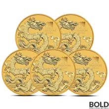 2024 2 oz Perth Lunar Year of the Dragon Gold Coin BU (Lot of 5)