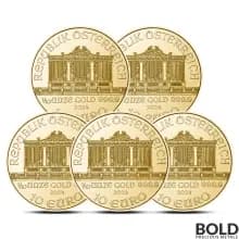 Lot of 5 - 2024 1/10 oz Austrian Philharmonic Gold Coin (BU)