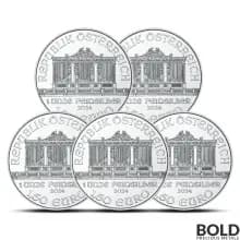 Lot of 5 - 2024 1 oz Austrian Philharmonic Silver Coin BU