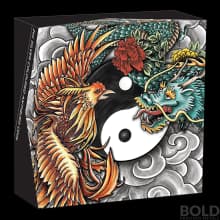 2021 Tuvalu Double Dragon Double Phoenix Colored Antique 2 oz Silver