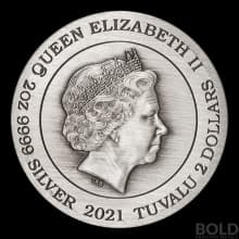 2021 Tuvalu Double Dragon Double Phoenix Colored Antique 2 oz Silver