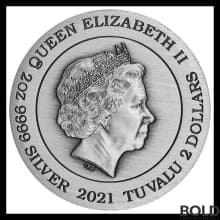 2021 Tuvalu Double Dragon Yin Yang Koi Color Antique 2 oz Silver