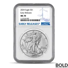 2024 1 oz America Silver Eagle Coin NGC MS70 (ER, Blue Label)