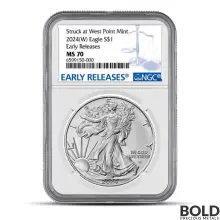 2024 (W) 1 oz America Silver Eagle Coin NGC MS70 (ER, Blue Label)