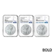 2021 American Silver Eagle (T-1) 3-Coin Set: NGC MS69 ER W-P-S