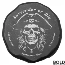 5 oz Scottsdale Pirate Skull Surrender or Die Silver Button (Antiqued)