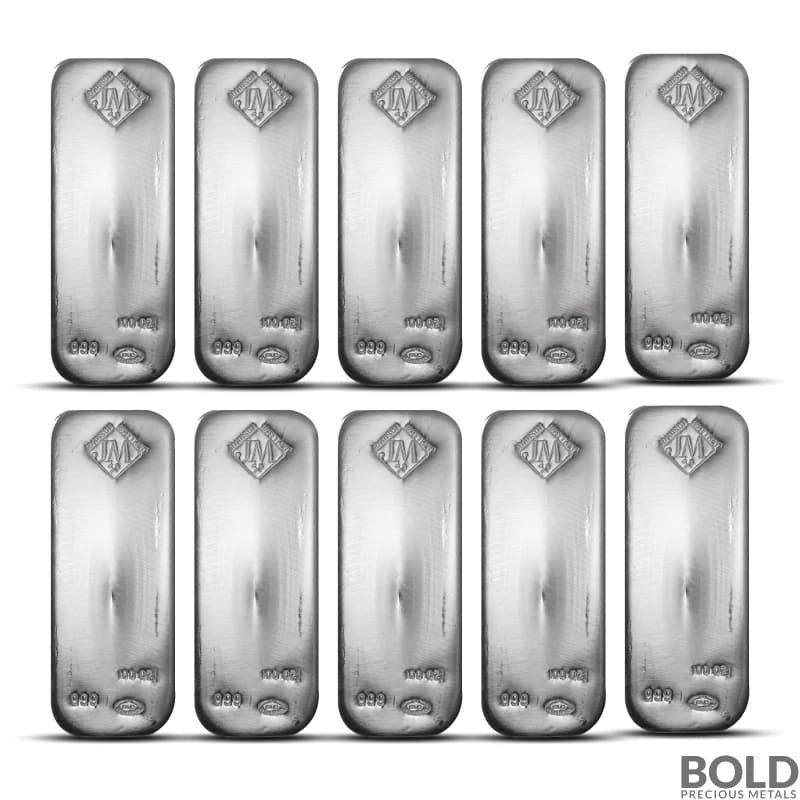 1000 oz Silver - 10 x 100 oz Johnson Matthey Silver Bars