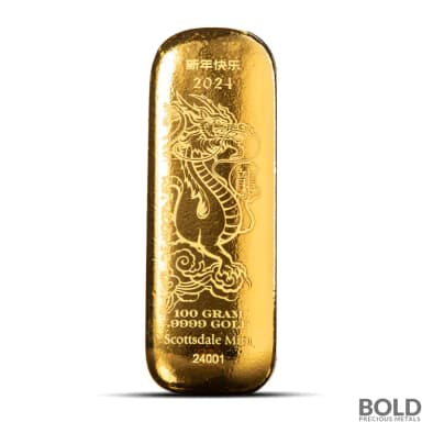 100 Gram Scottsdale Lunar Dragon Gold Bar