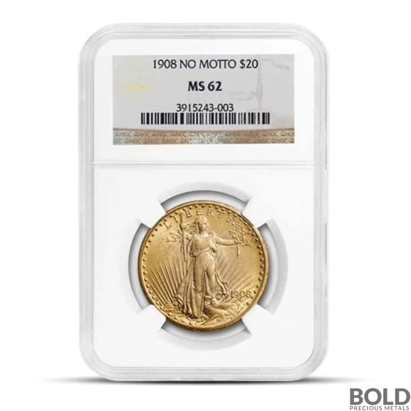 1908 $20 St Gaudens "No Motto" Gold Coin (MS62, NGC or PCGS)