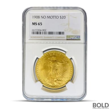 1908 $20 St Gaudens "No Motto" Gold Coin (MS65, NGC or PCGS)
