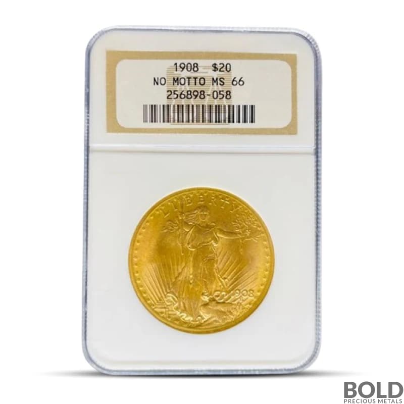 1908 $20 St Gaudens "No Motto" Gold Coin (MS66, NGC or PCGS)