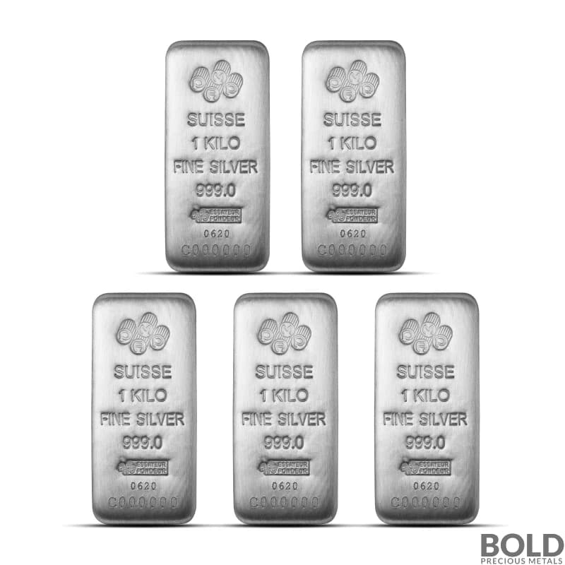 1 Kilo PAMP Suisse Silver Bar (Lot of 5) 999 Fine