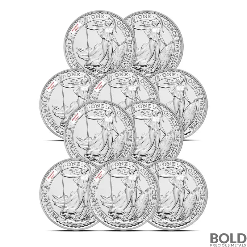 1 oz British Silver Britannia Coin (BU, Random Year, Lot of 10)