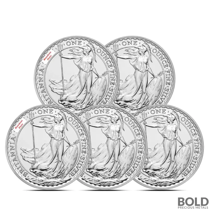 1 oz British Silver Britannia Coin (BU, Random Year, Lot of 5)