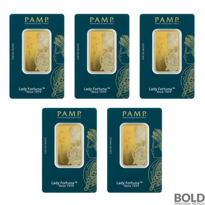 1 oz PAMP Lady Fortuna 45th Anniversary Gold Bar In Assay - Lot of 5