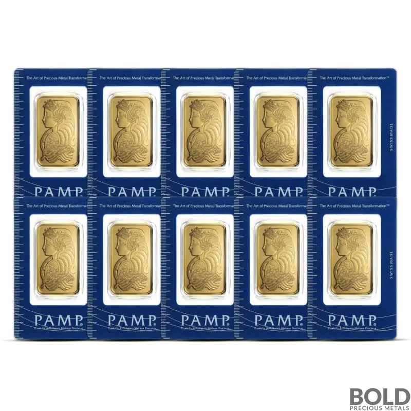 1 oz PAMP Suisse Lady Fortuna Gold Bar (Lot of 10)