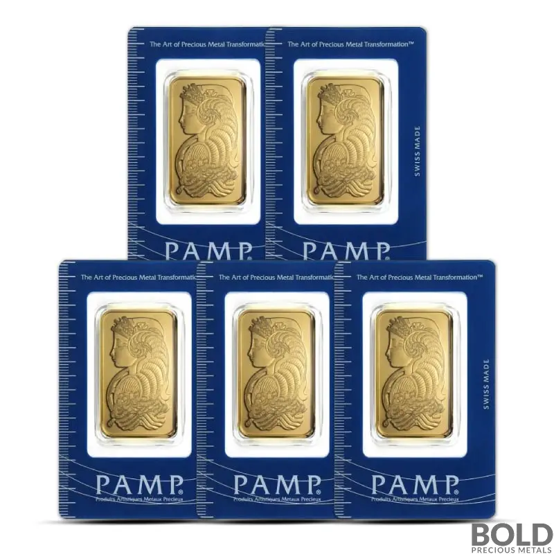 1 oz PAMP Suisse Lady Fortuna Gold Bar (Lot of 5)