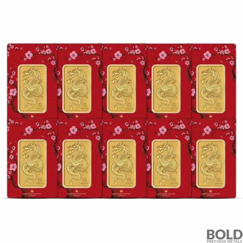 1 oz Perth Mint Lunar Dragon Gold Bar (Lot of 10)
