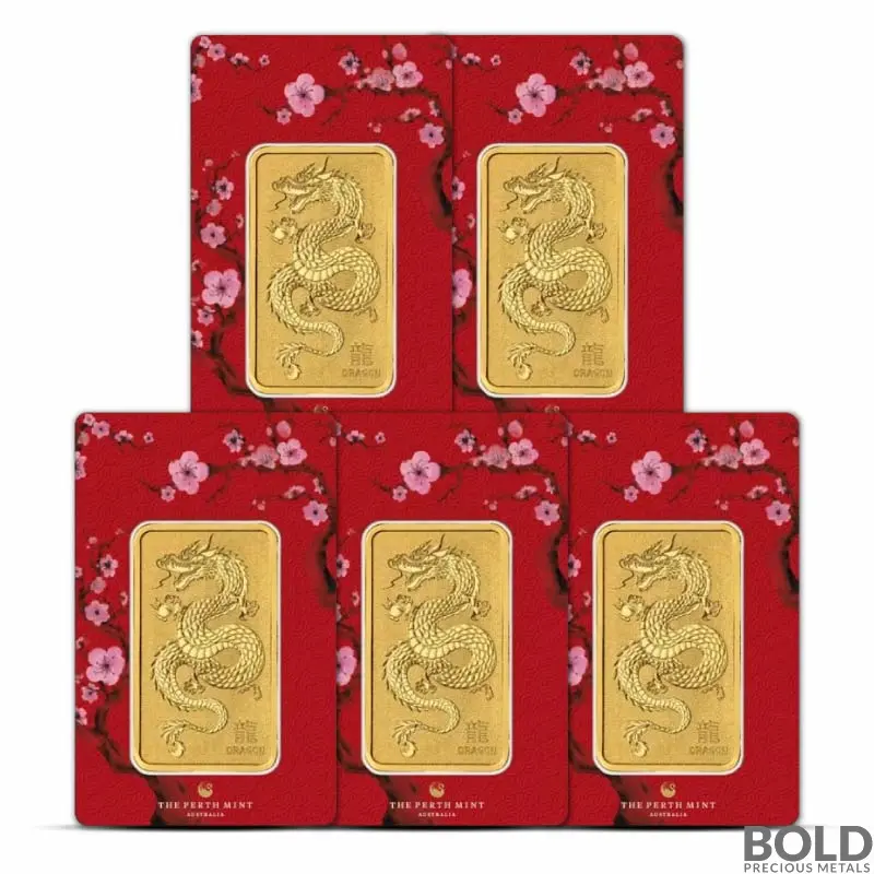 1 oz Perth Mint Lunar Dragon Gold Bar (Lot of 5)