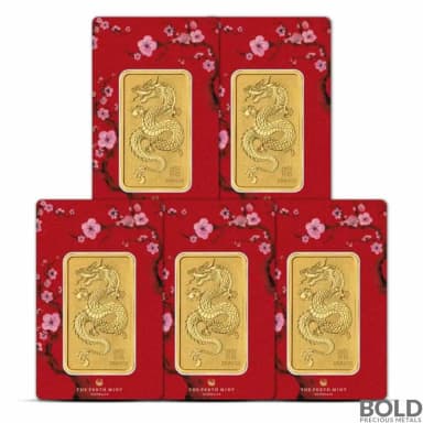 1 oz Perth Mint Lunar Dragon Gold Bar (Lot of 5)