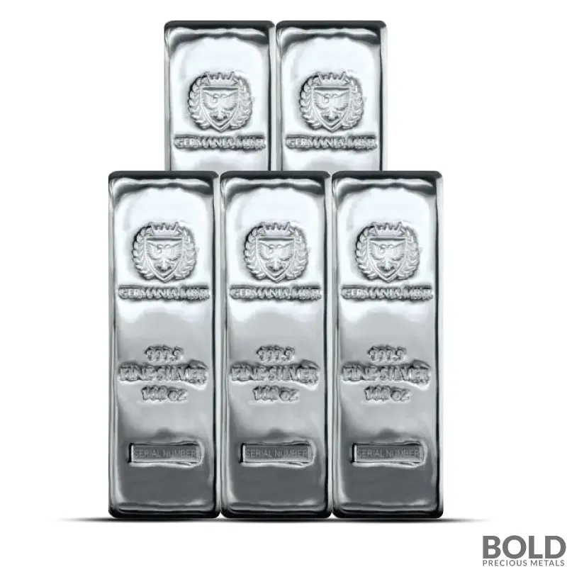 100 oz Germania Mint Silver Bar (Lot of 5)
