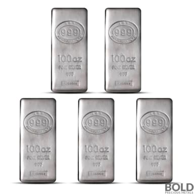 100 oz JBR Silver Bar - Lot of 5