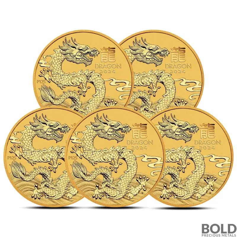 2024 2 oz Perth Lunar Year of the Dragon Gold Coin BU (Lot of 5)