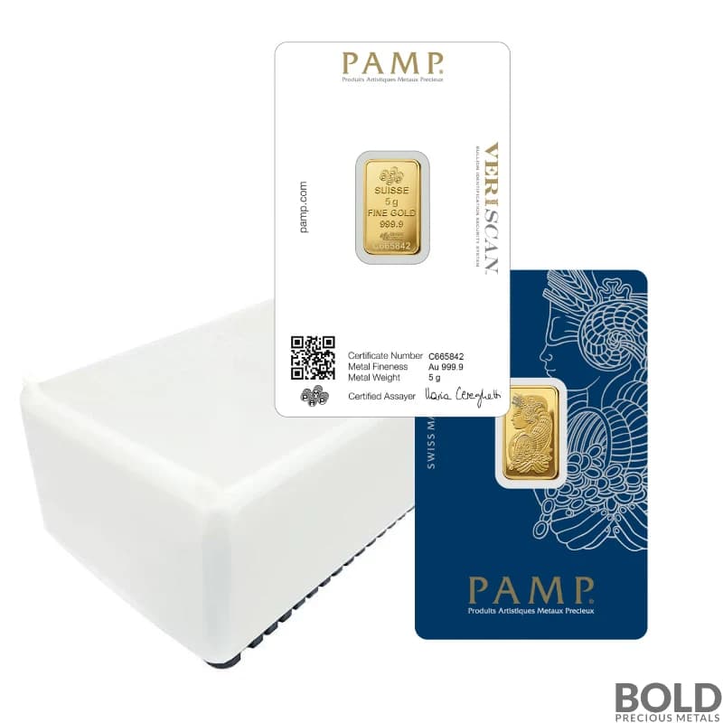 5 Gram PAMP Suisse Fortuna Gold Bar 999.9 Fine - Box of 25