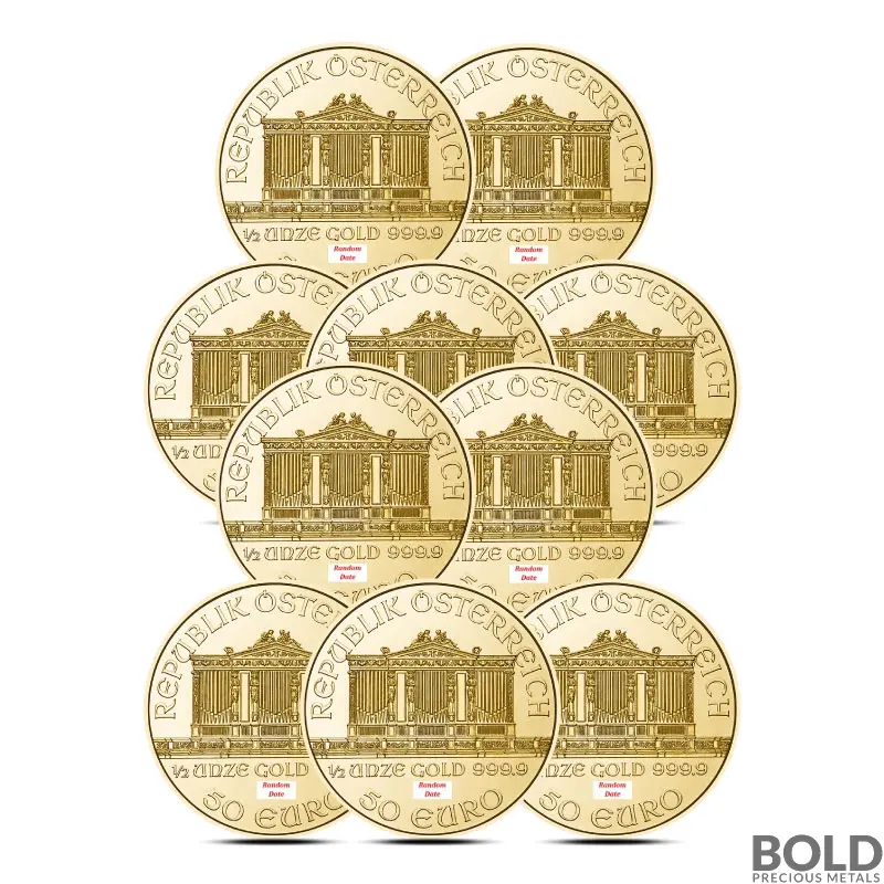 Lot of 10 - 1/2 oz Austrian Gold Philharmonic Coin (Random Date)
