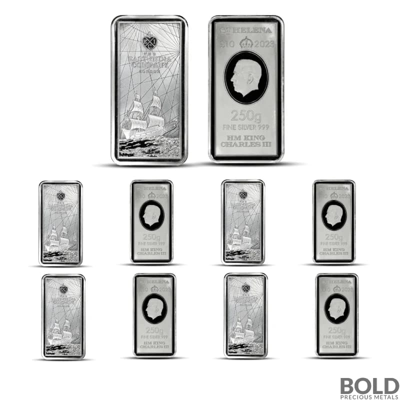 Lot of 10 - 2023 250 Gram St. Helena East India Company Silver Bar