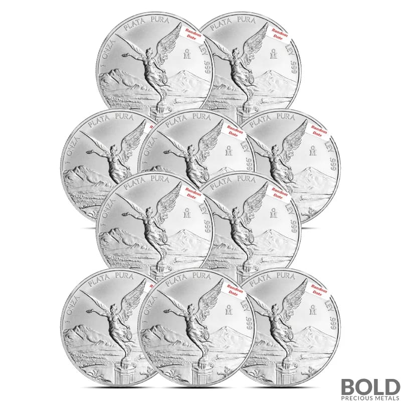 Lot of 10 - Random Date 1 oz Mexican Libertad Modern Design Silver Coin BU