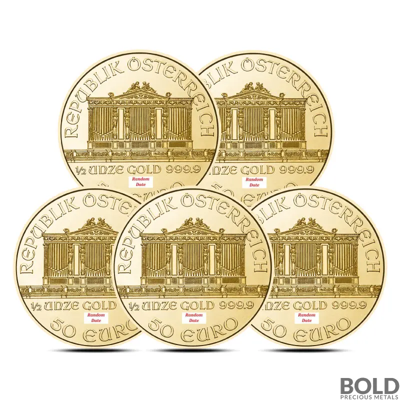 Lot of 5 - 1/2 oz Austrian Gold Philharmonic Coin (Random Date)