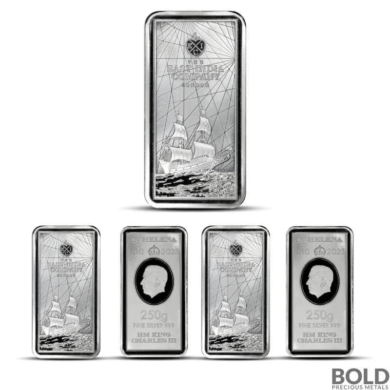 Lot of 5 - 2023 250 Gram St. Helena East India Company Silver Bar