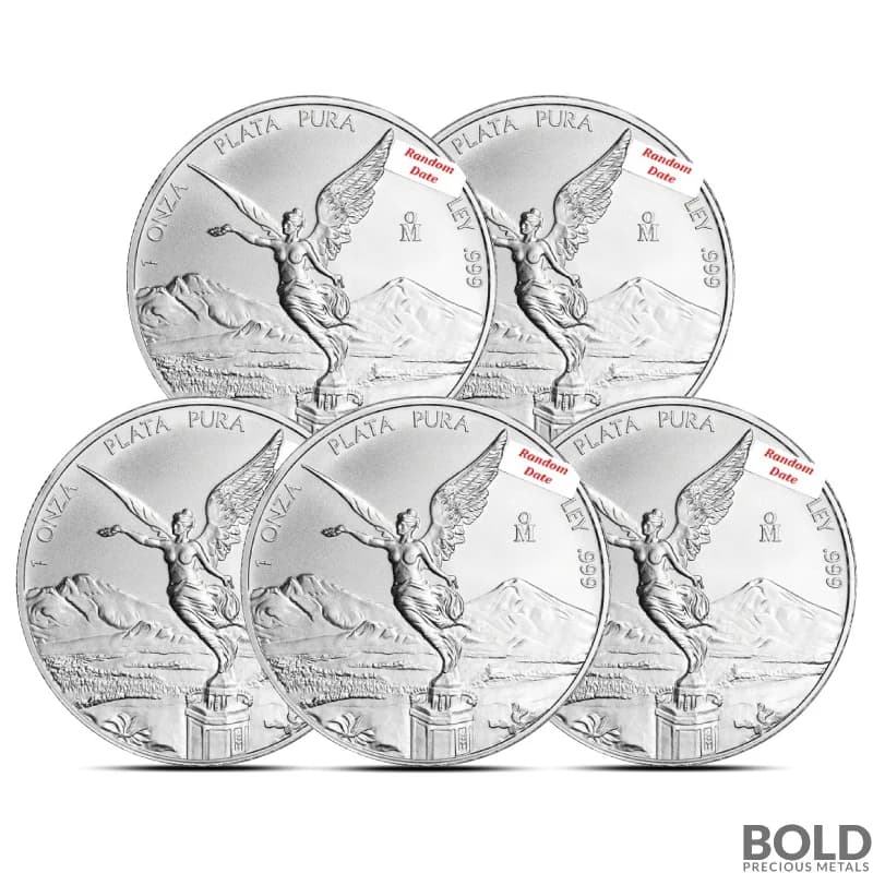 Lot of 5 - Random Date 1 oz Mexican Libertad Modern Design Silver Coin BU