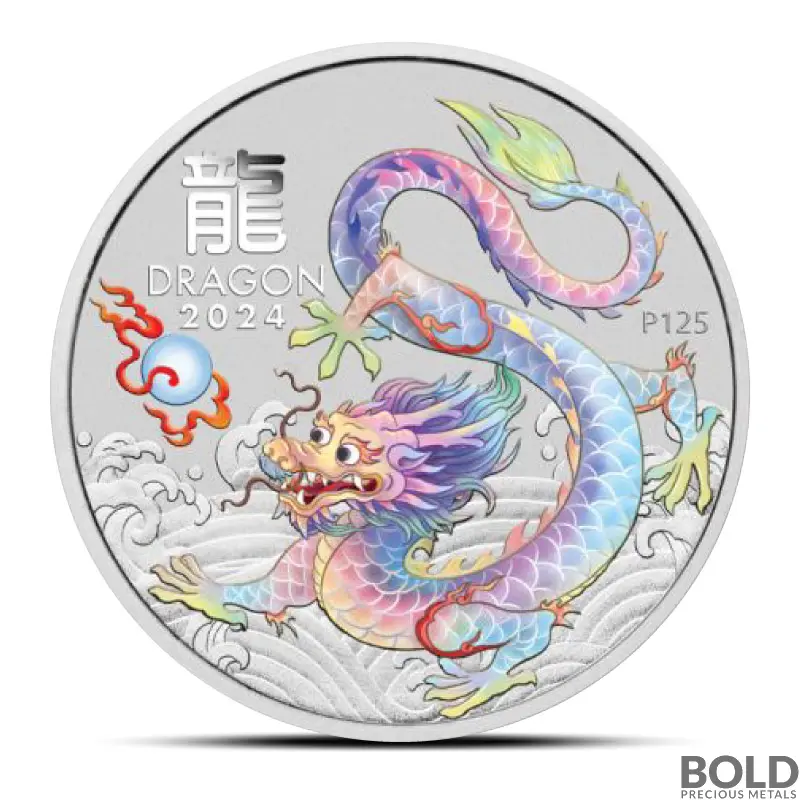 2024 1 oz Perth Lunar White Dragon Colored Silver Coin (In Card - Brisbane Money Expo)