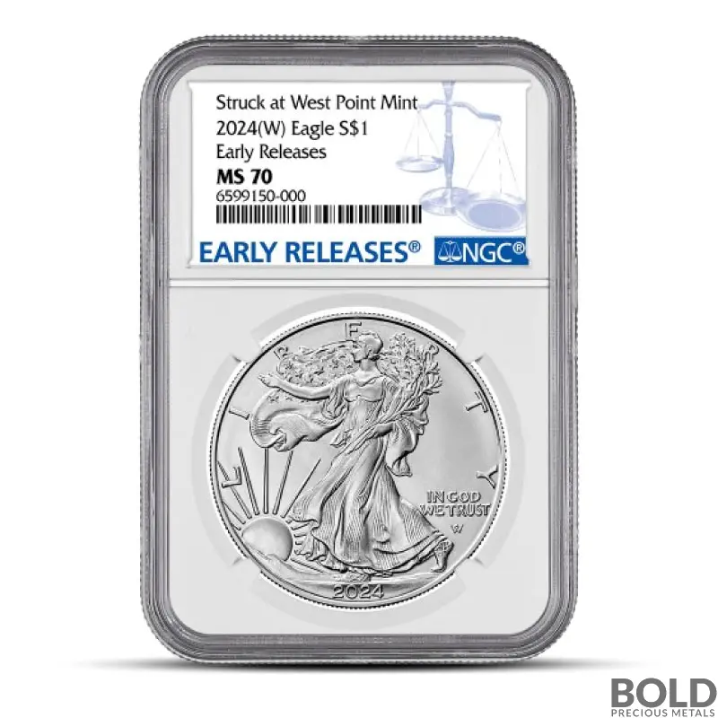 2024 (W) 1 oz America Silver Eagle Coin NGC MS70 (ER, Blue Label)