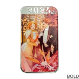 1 oz Alphonse Mucha New Year Couple Silver Bar (Color)