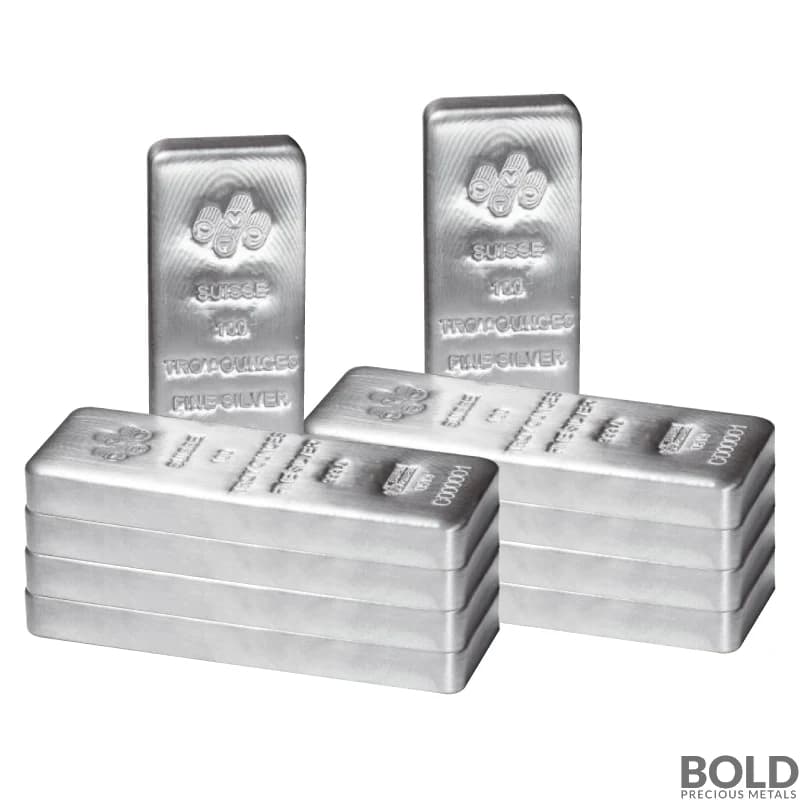 1000 oz Silver - 10 x 100 oz PAMP Suisse Cast Silver Bars